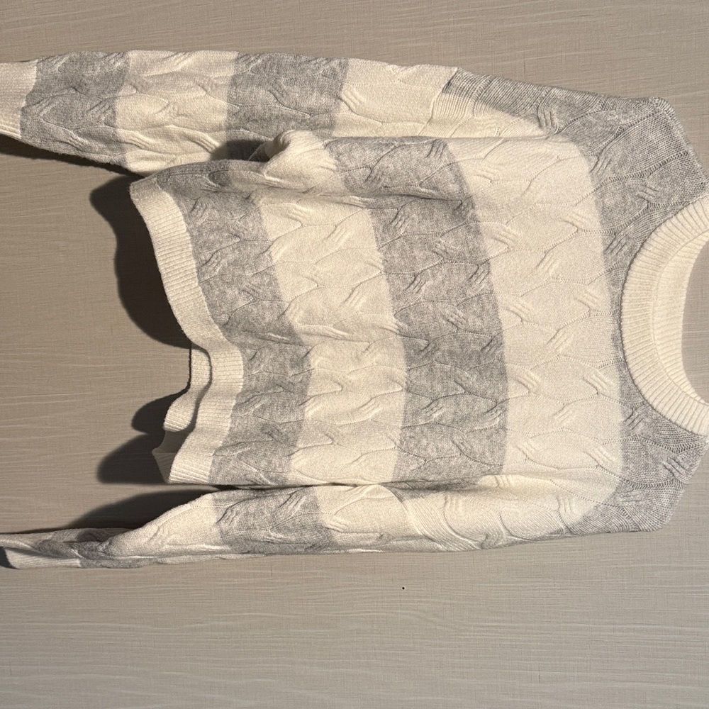Striped Cable Knit Sweater in Ivory and Light Gray